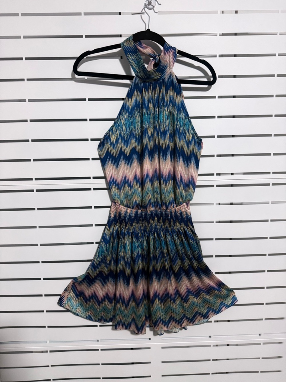 Ramy Brook, size S, Multicolor Chevron Halter Mini Dress in Blue, Teal & Pink